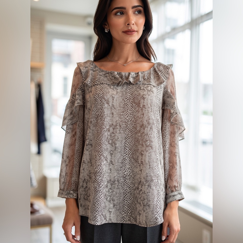 Banana Republic Snake Print Poet Sleeve Pleated Blouse Beige Brown Size M